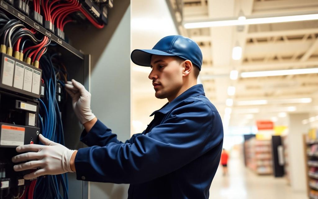 Technicien Protech intervenant sur une installation électrique dans un magasin multi-sites