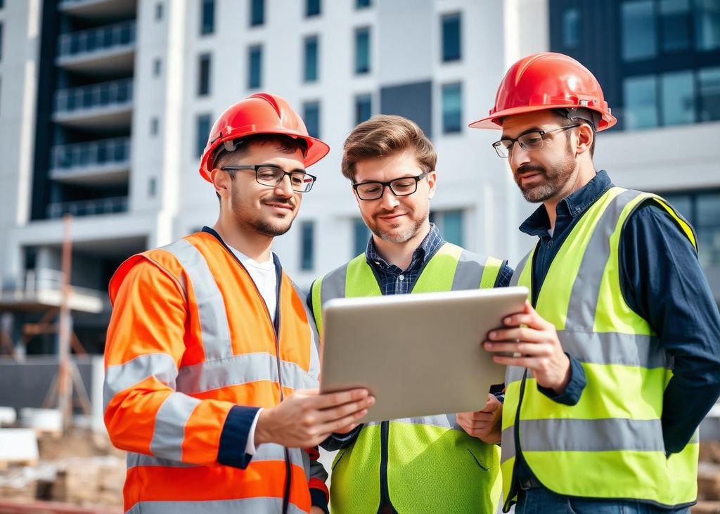 Équipe Protech de professionnels du bâtiment sur un chantier, coordonnant une intervention multi-sites sur tablette